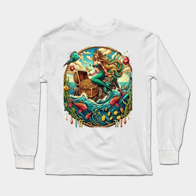 Mermaid sitting on a rock with a open treasured Long Sleeve T-Shirt by coollooks